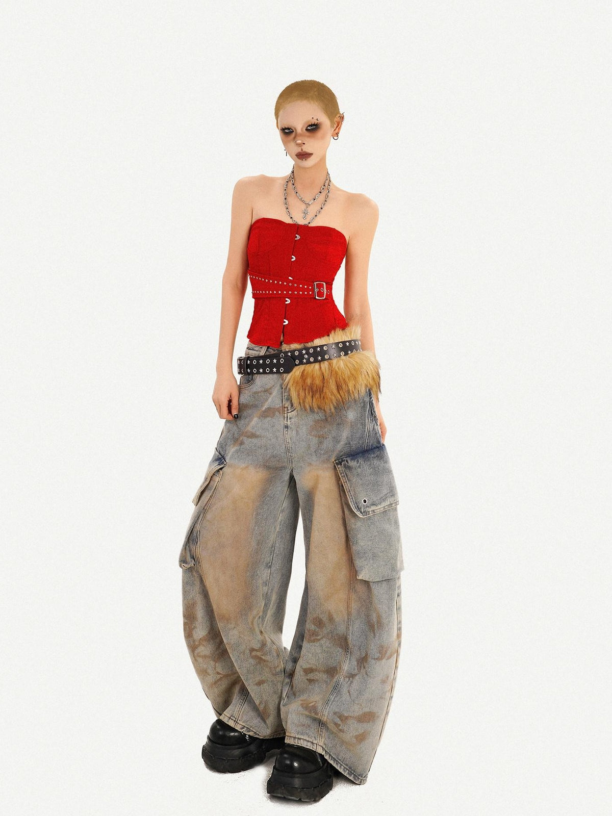 Nico Molly Red Studded Buttoned Boned Asymmetric Backless Fitted Women&