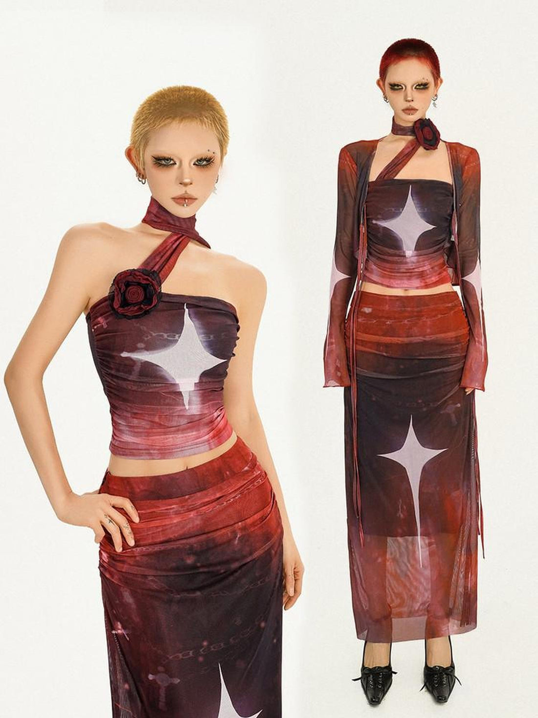 Nico Molly Red Vintage Printed Cropped Slim Fit Bandeau Women&