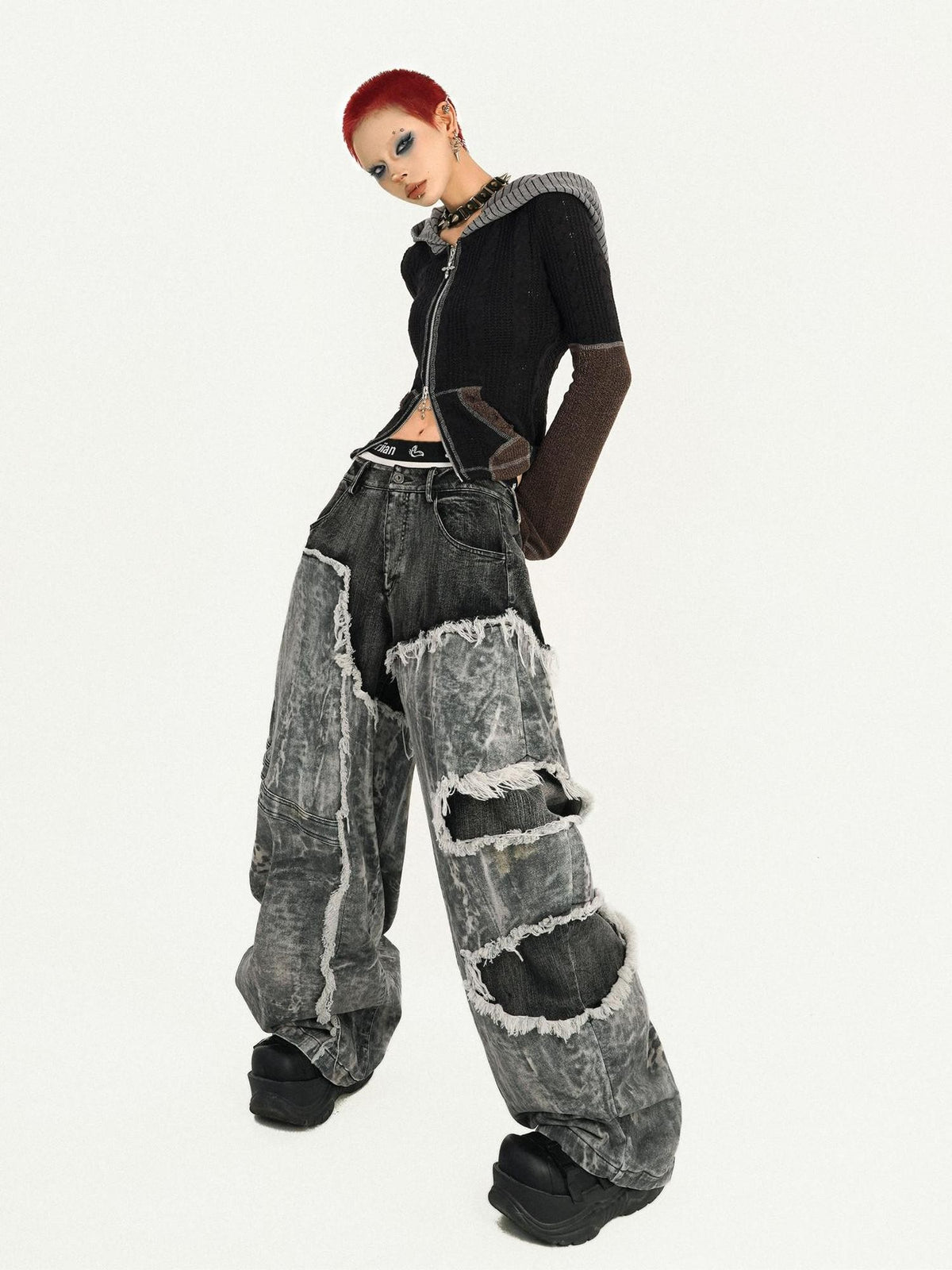 Nico Molly Retro Black Patchwork Frayed Hem Low Waist Women&