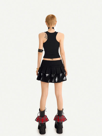 Nico Molly Retro Cat Print Punk Edgy U Neck Slim Cropped Women&