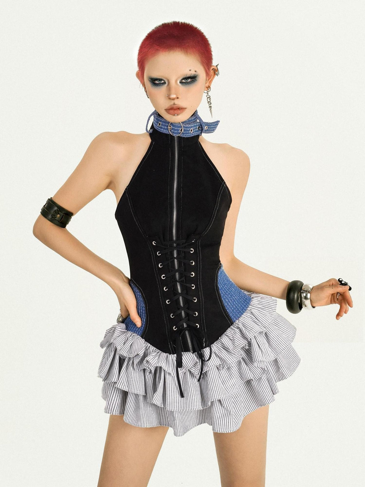 Nico Molly Retro Contrast Color Tiered Backless Tie Waist Women&