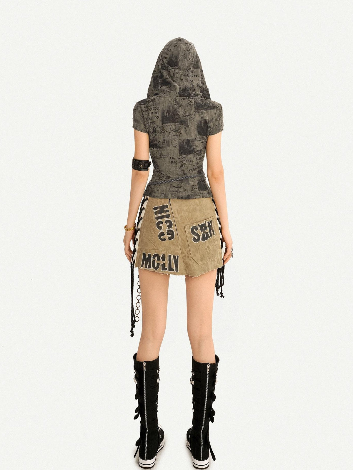 Nico Molly Retro Distressed Tie V-neck Hooded Letter Print Women&