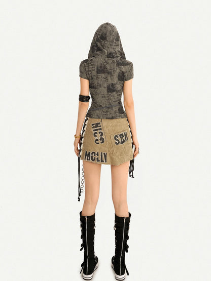 Nico Molly Retro Distressed Tie V-neck Hooded Letter Print Women&