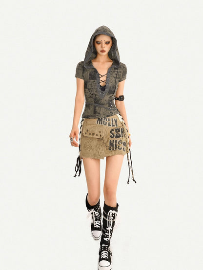 Nico Molly Retro Distressed Tie V-neck Hooded Letter Print Women&