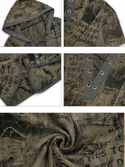 Nico Molly Retro Distressed Tie V-neck Hooded Letter Print Women&