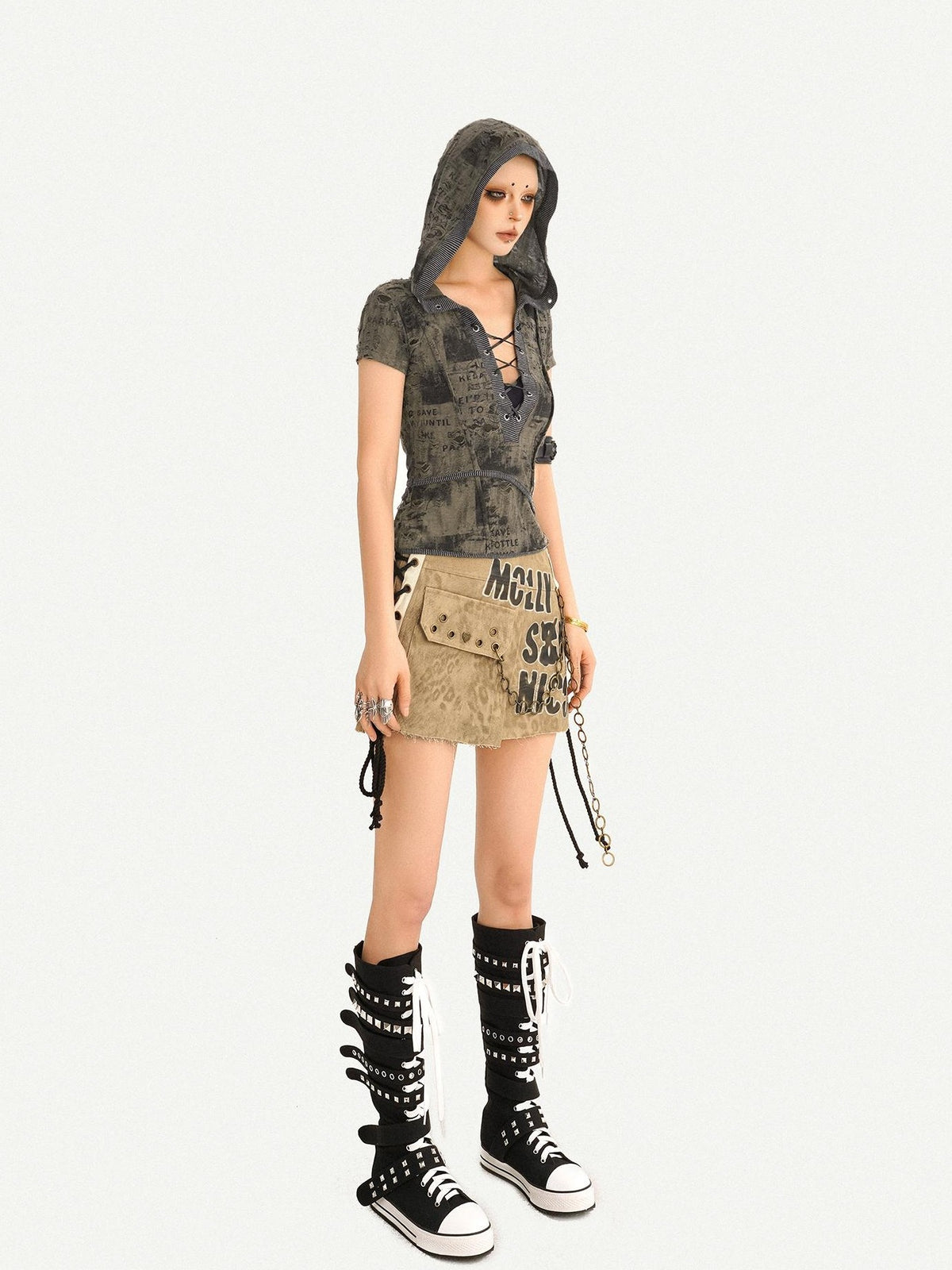 Nico Molly Retro Distressed Tie V-neck Hooded Letter Print Women&
