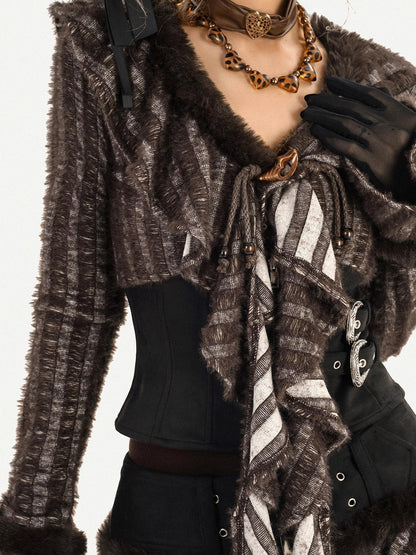Nico Molly Retro Frayed Patchwork Waist Cinch Striped V-neck Women&