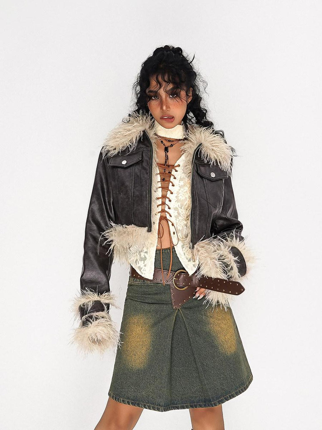 Nico Molly Retro Fur Collar Patchwork Zip Pockets Women&