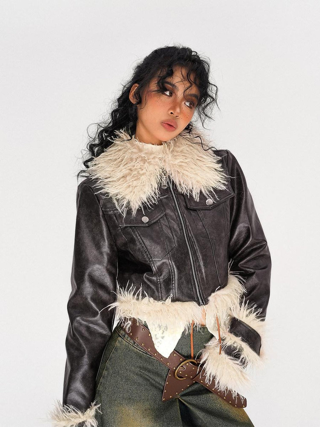 Nico Molly Retro Fur Collar Patchwork Zip Pockets Women&