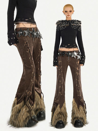 Nico Molly Retro Fur Trim Lace Up Zipper Mid High Waist Women&