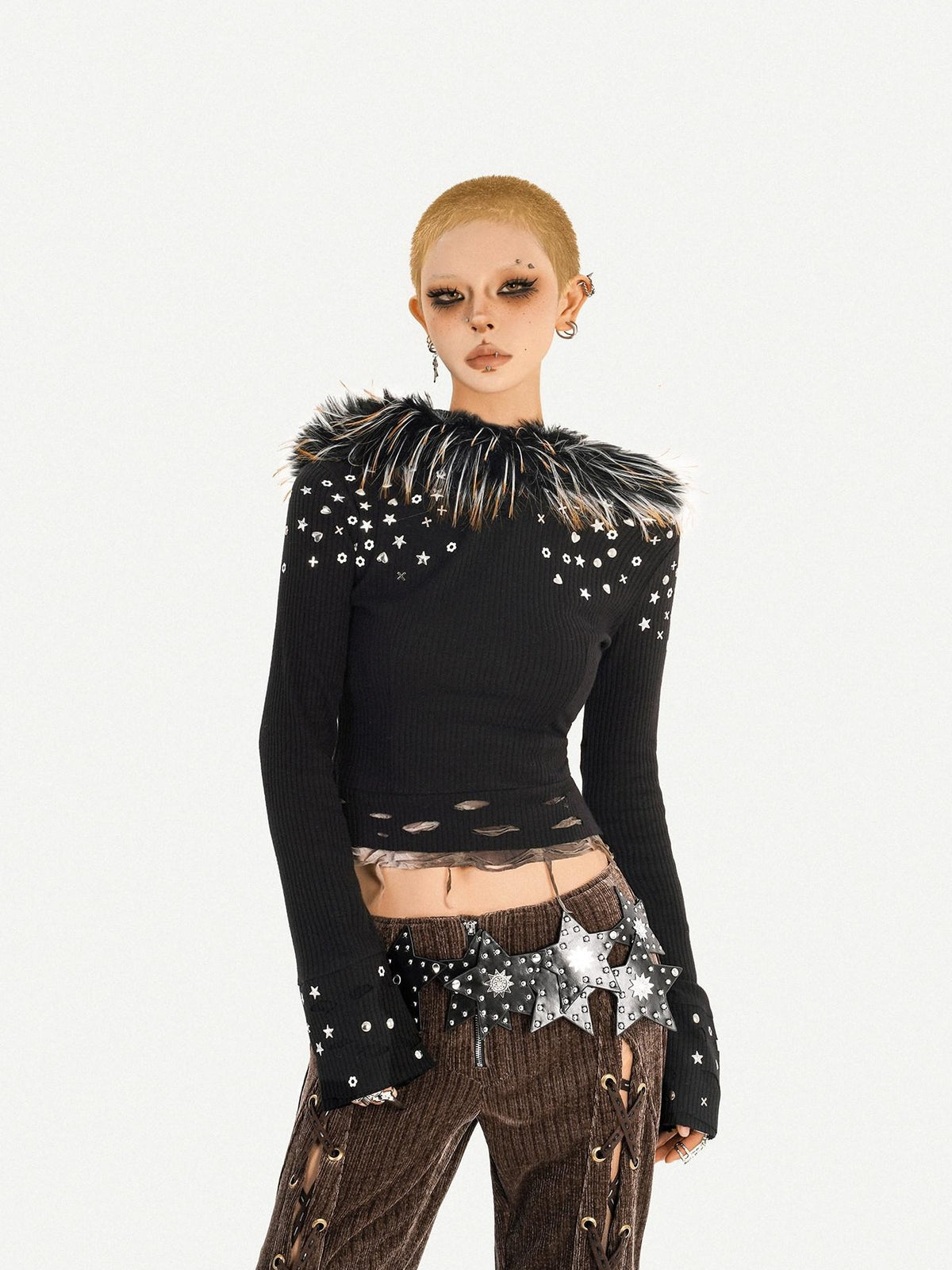 Nico Molly Retro Fur Trim Lace Up Zipper Mid High Waist Women&