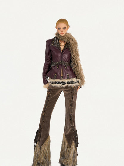 Nico Molly Retro Fur Trim Lace Up Zipper Mid High Waist Women&