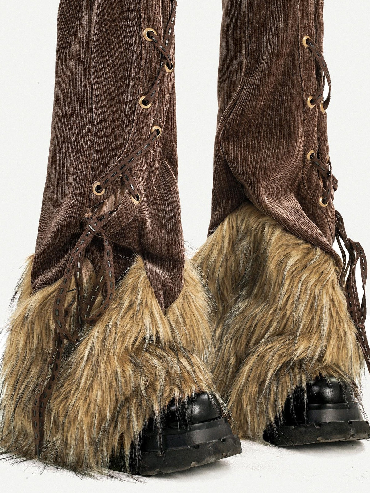 Nico Molly Retro Fur Trim Lace Up Zipper Mid High Waist Women&