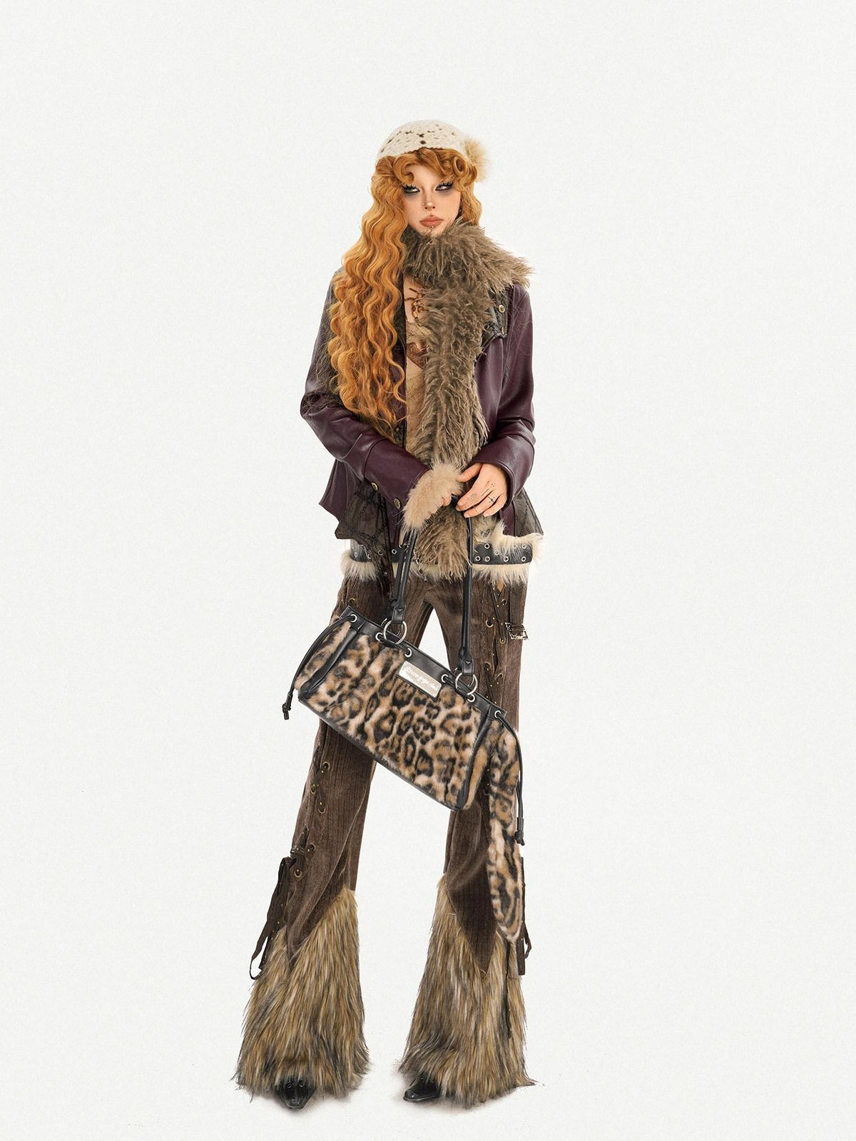 Nico Molly Retro Fur Trim Lace Up Zipper Mid High Waist Women&
