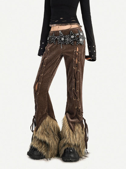 Nico Molly Retro Fur Trim Lace Up Zipper Mid High Waist Women&