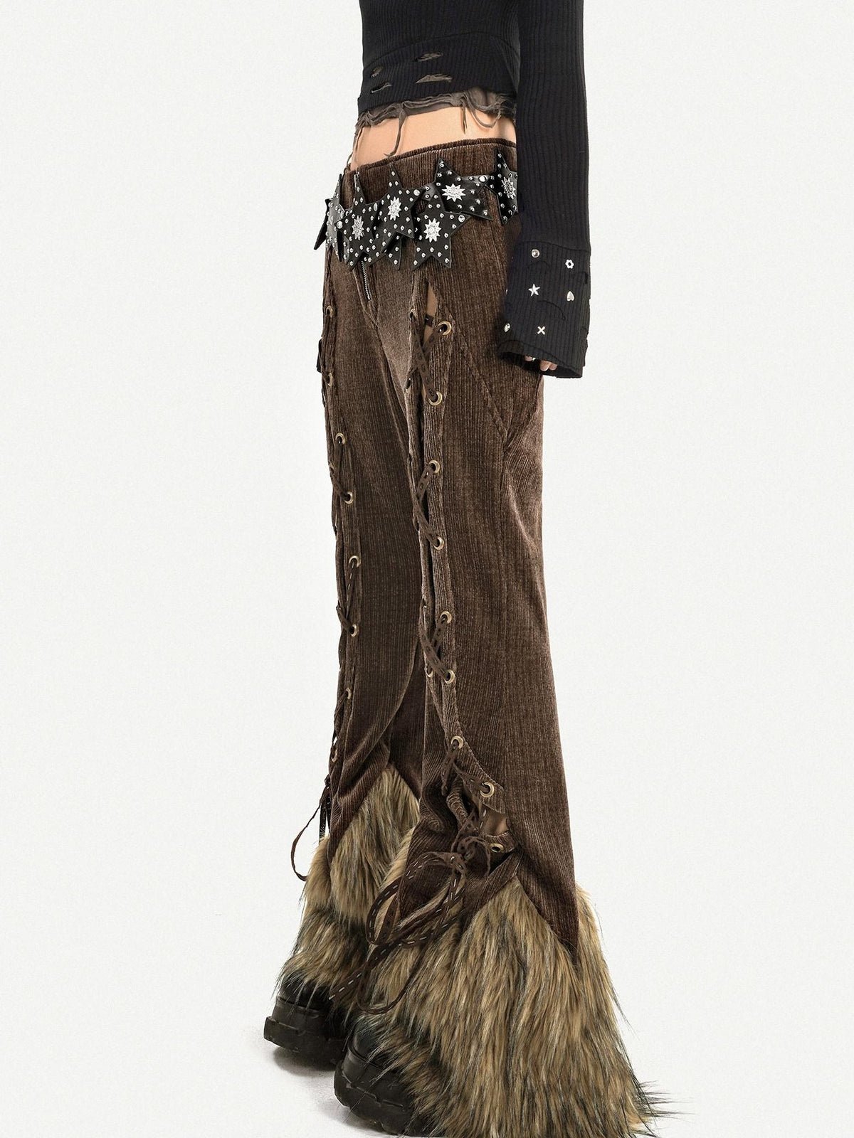Nico Molly Retro Fur Trim Lace Up Zipper Mid High Waist Women&