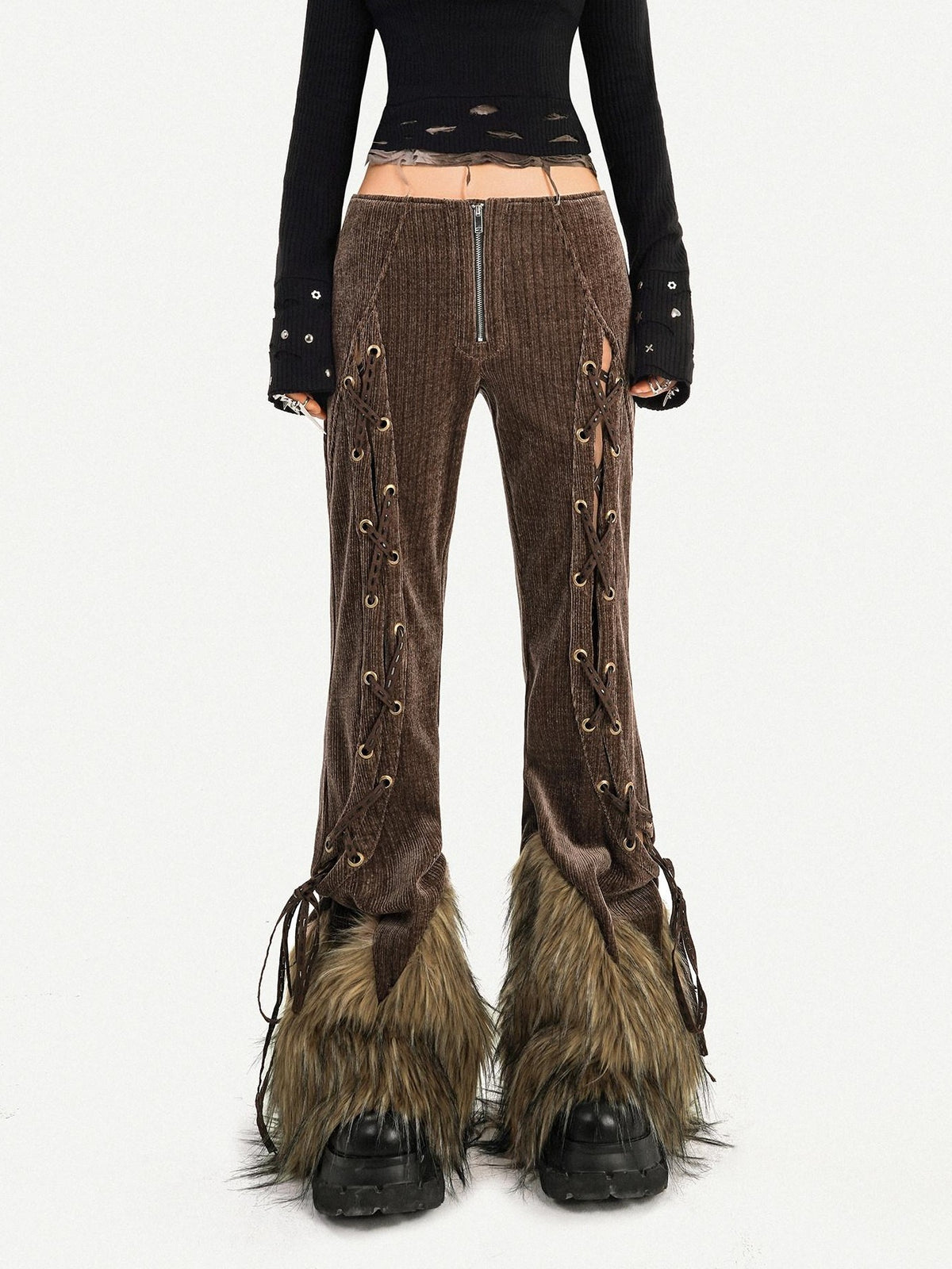 Nico Molly Retro Fur Trim Lace Up Zipper Mid High Waist Women&