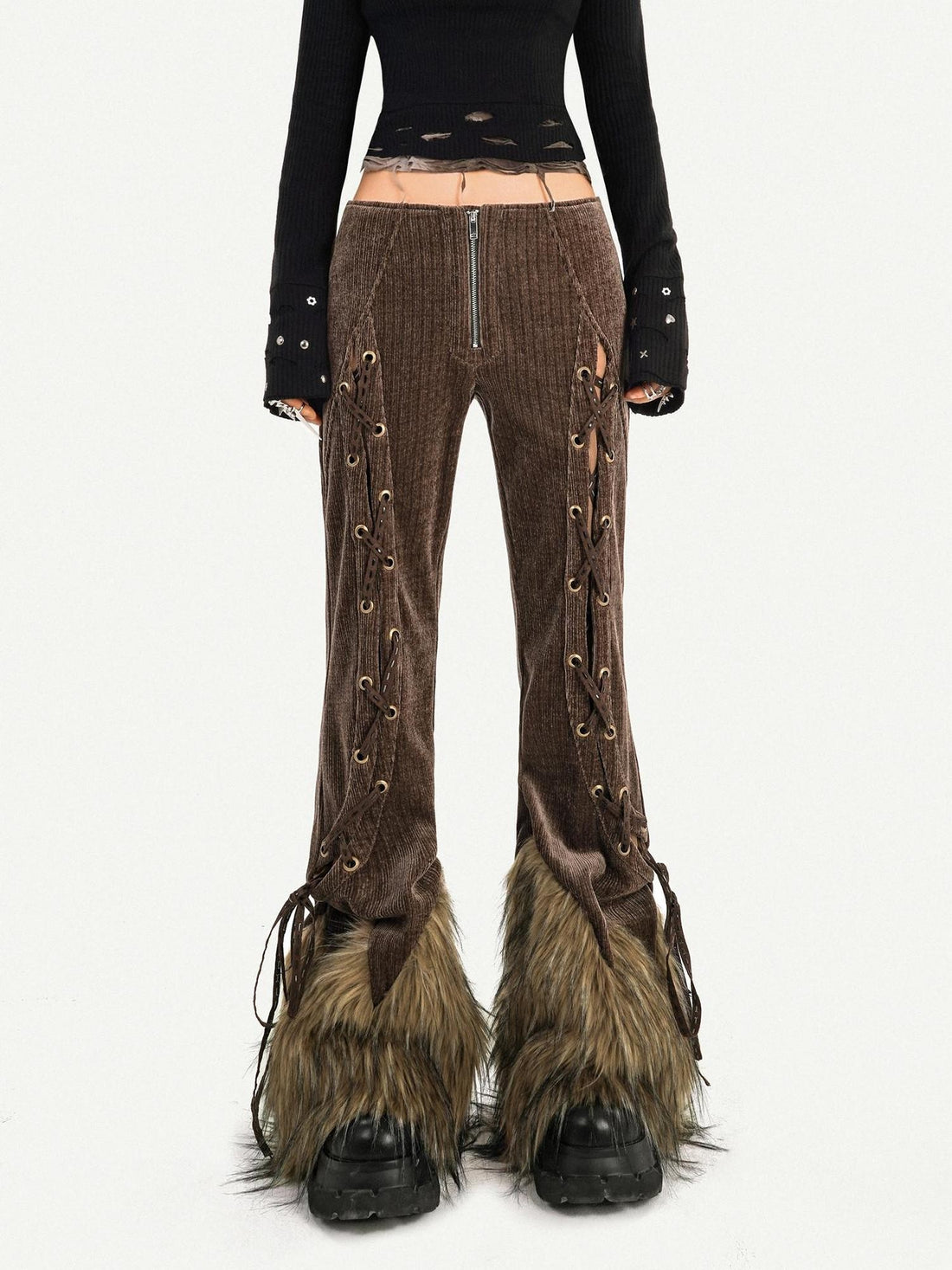 Nico Molly Retro Fur Trim Lace Up Zipper Mid High Waist Women&