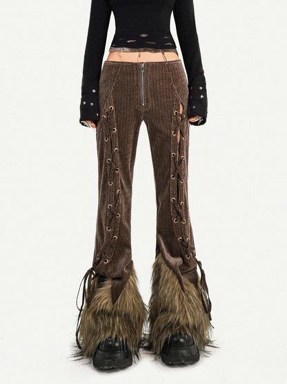 Nico Molly Retro Fur Trim Lace Up Zipper Mid High Waist Women&