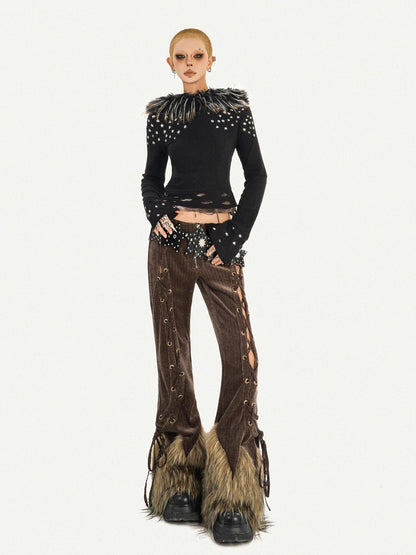 Nico Molly Retro Fur Trim Lace Up Zipper Mid High Waist Women&