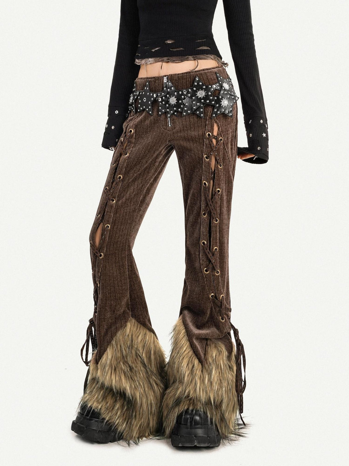 Nico Molly Retro Fur Trim Lace Up Zipper Mid High Waist Women&