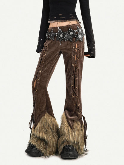 Nico Molly Retro Fur Trim Lace Up Zipper Mid High Waist Women&