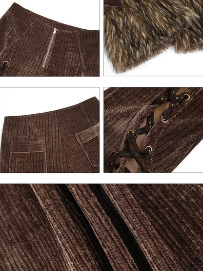 Nico Molly Retro Fur Trim Lace Up Zipper Mid High Waist Women&