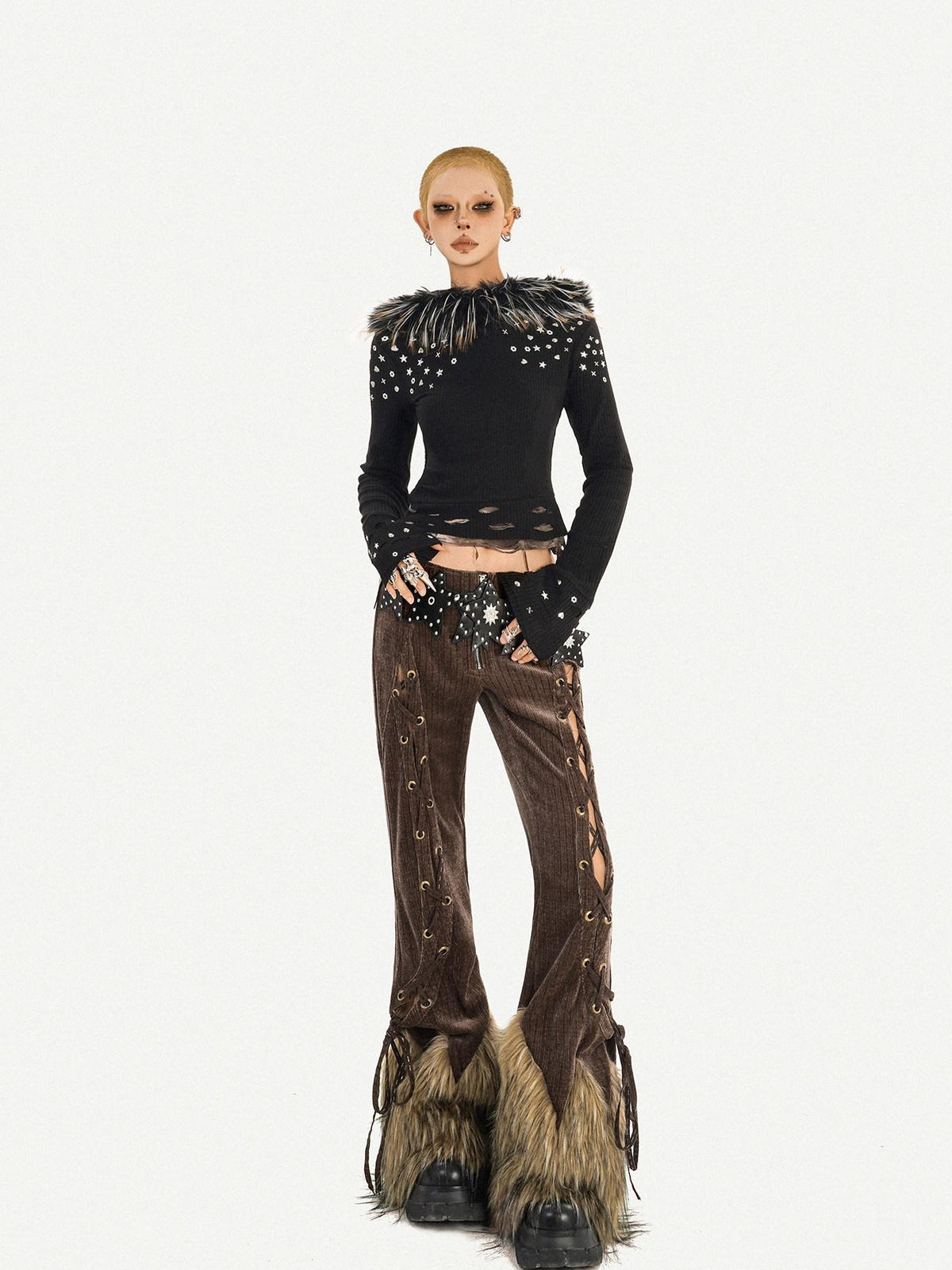 Nico Molly Retro Fur Trim Lace Up Zipper Mid High Waist Women&