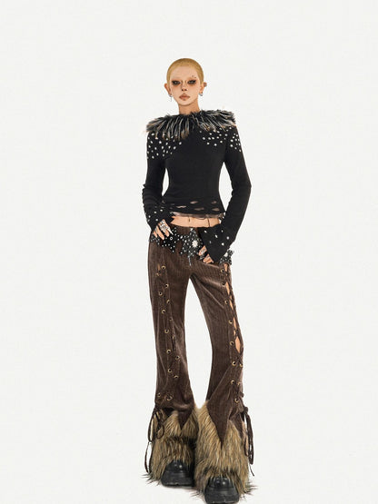 Nico Molly Retro Fur Trim Lace Up Zipper Mid High Waist Women&