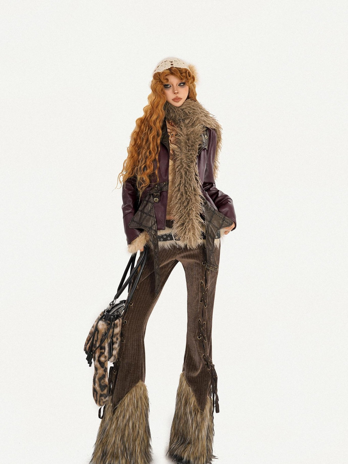 Nico Molly Retro Fur Trim Lace Up Zipper Mid High Waist Women&