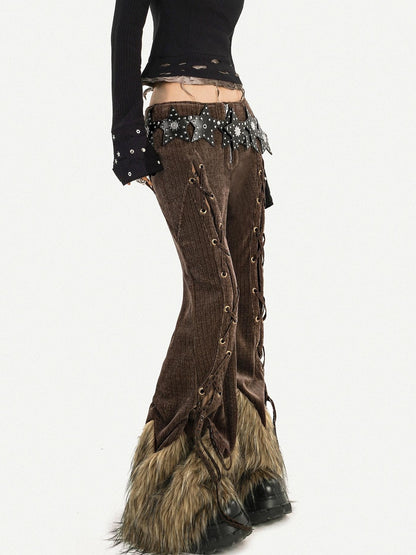 Nico Molly Retro Fur Trim Lace Up Zipper Mid High Waist Women&
