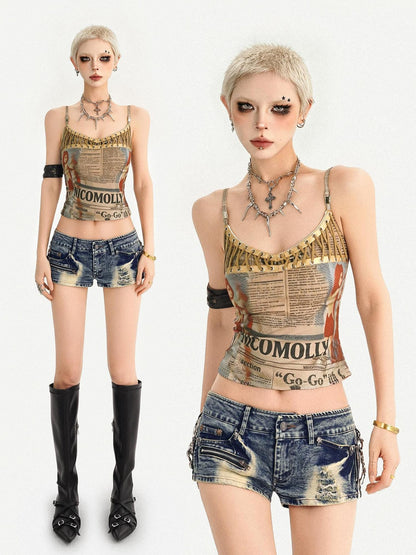 Nico Molly Retro Newspaper Print Lace Up Punk Strappy Women&
