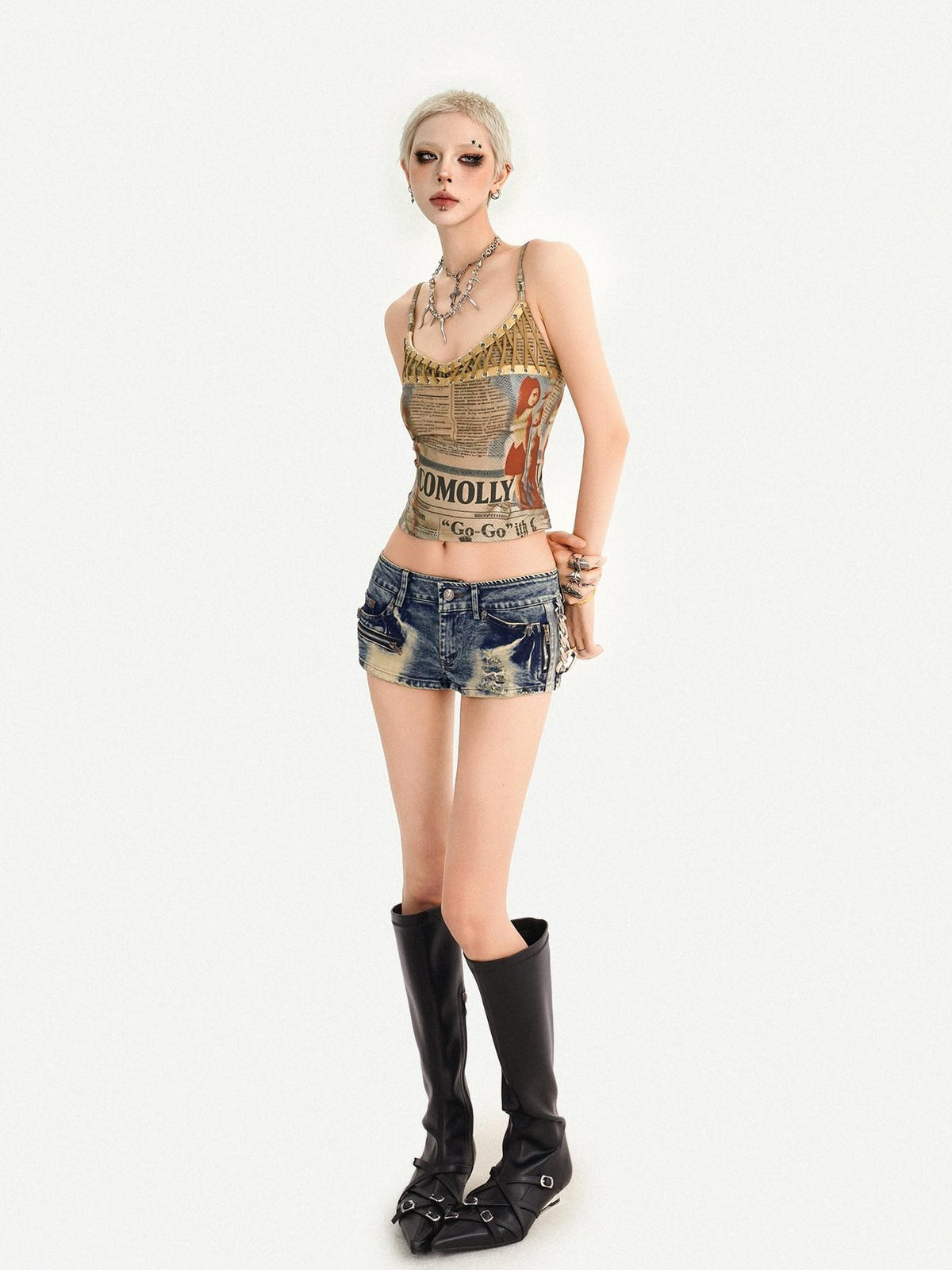 Nico Molly Retro Newspaper Print Lace Up Punk Strappy Women&
