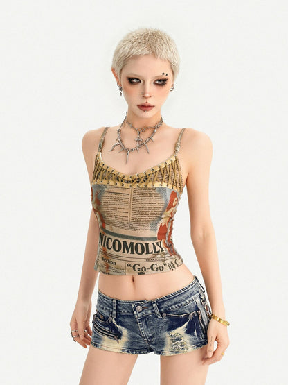 Nico Molly Retro Newspaper Print Lace Up Punk Strappy Women&