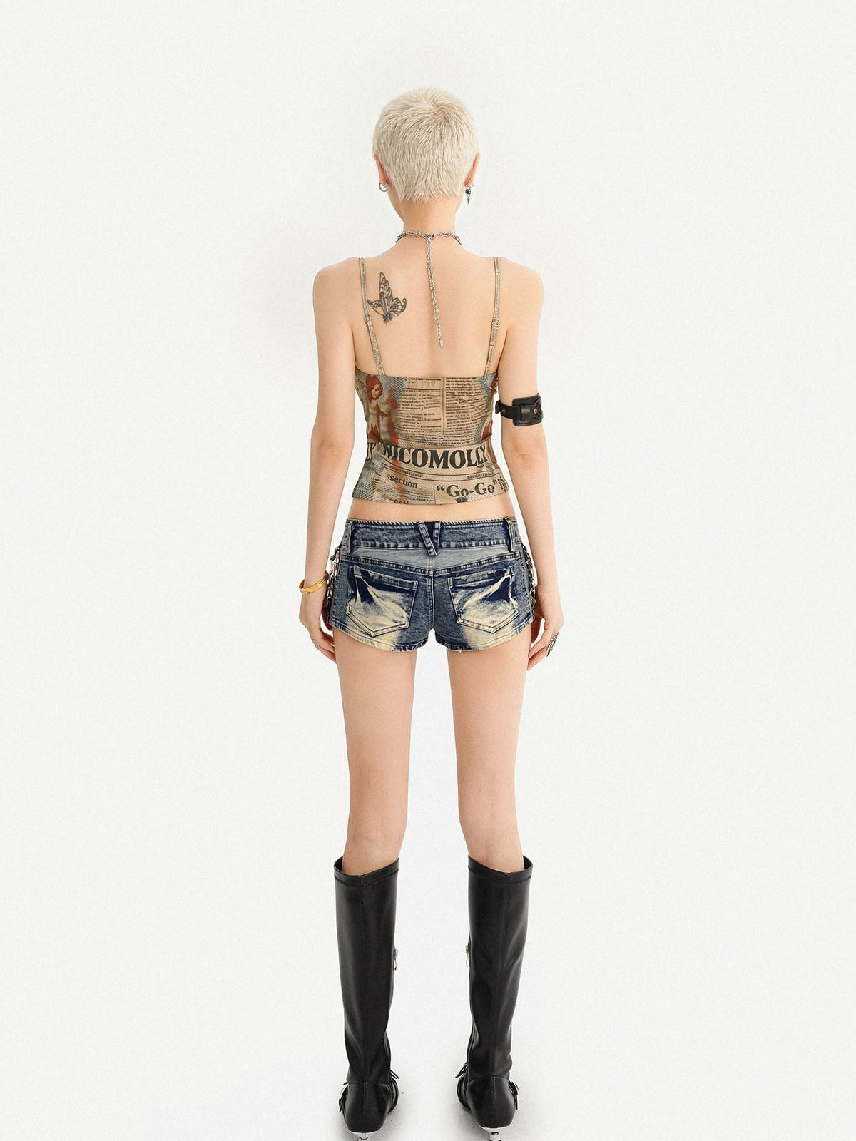 Nico Molly Retro Newspaper Print Lace Up Punk Strappy Women&