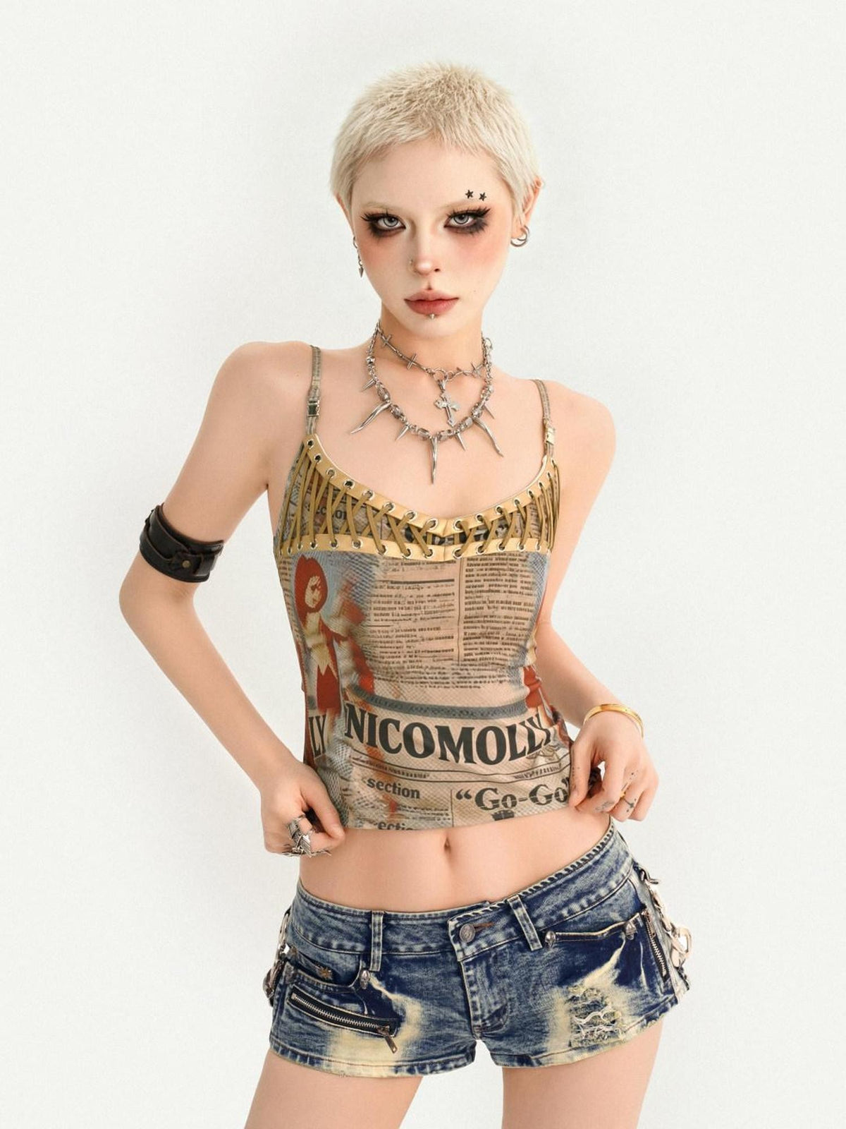 Nico Molly Retro Newspaper Print Lace Up Punk Strappy Women&