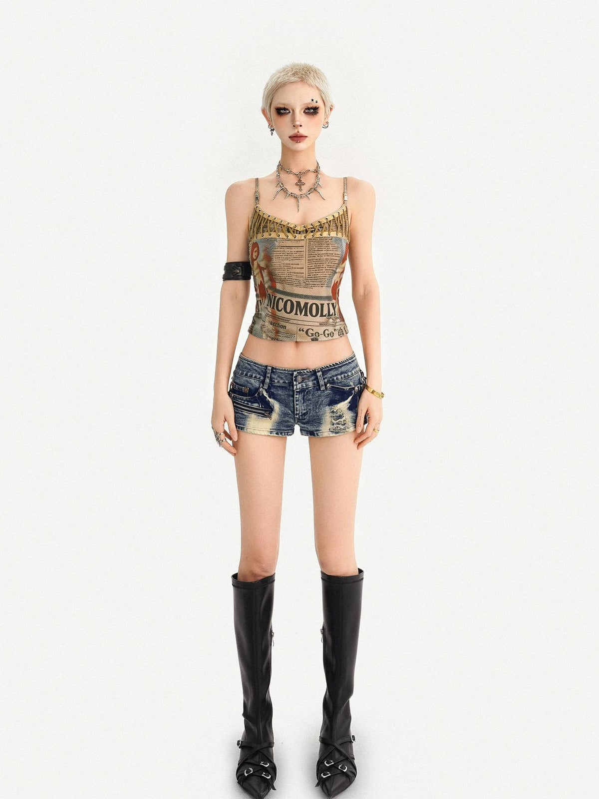 Nico Molly Retro Newspaper Print Lace Up Punk Strappy Women&