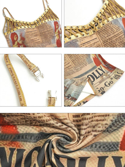 Nico Molly Retro Newspaper Print Lace Up Punk Strappy Women&