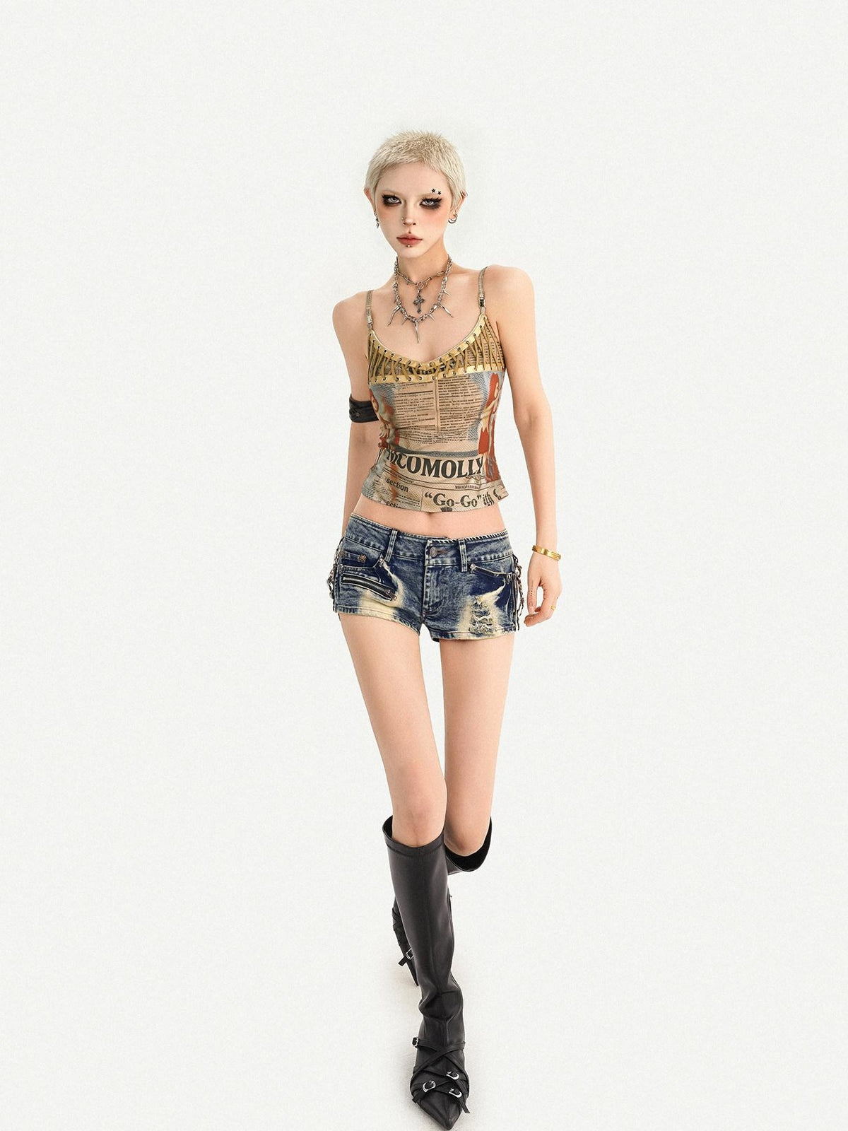 Nico Molly Retro Newspaper Print Lace Up Punk Strappy Women&