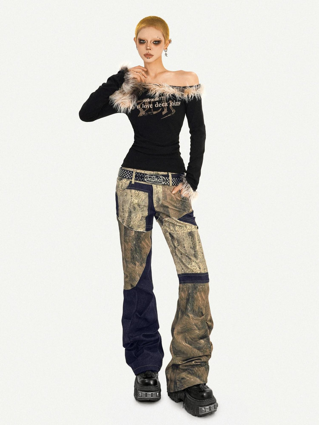 Nico Molly Retro Patchwork Fur Collar Asymmetric One Shoulder Women&