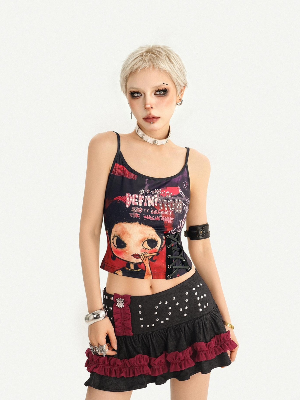 Nico Molly Retro Playful Character Print Lace Up Slimming Women&