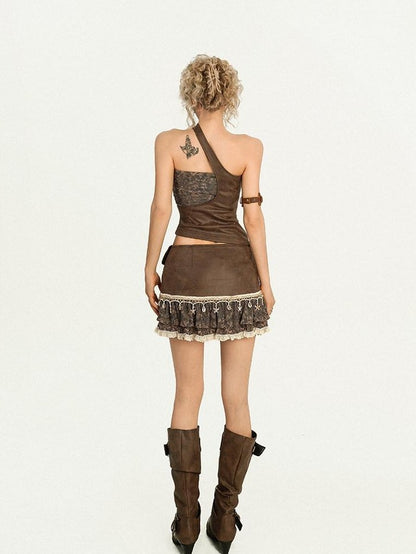 Nico Molly Retro Punk Asymmetric One Shoulder Cropped Solid Women&