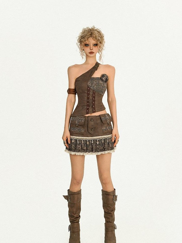 Nico Molly Retro Punk Asymmetric One Shoulder Cropped Solid Women&