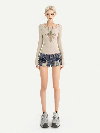 Nico Molly Retro Rhinestone Cross Backless Slim Fit Women&