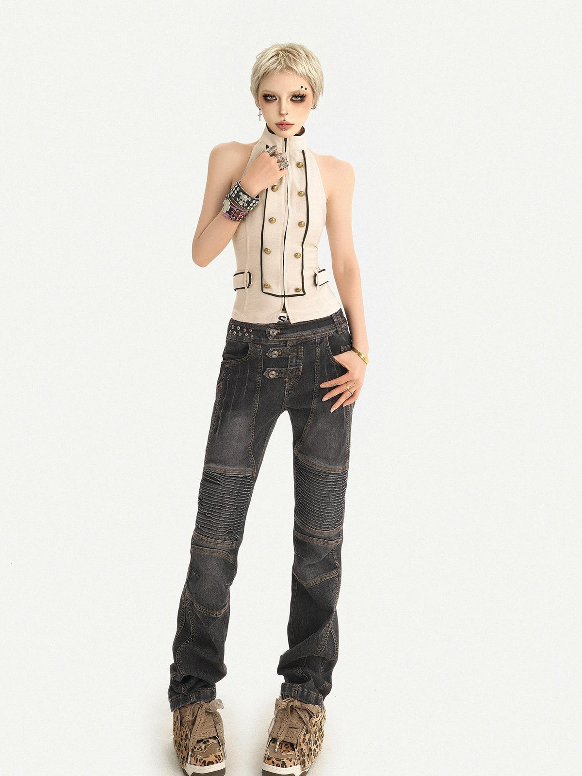 Nico Molly Retro Royal Stand Collar Backless Double Breasted Fitted Women&