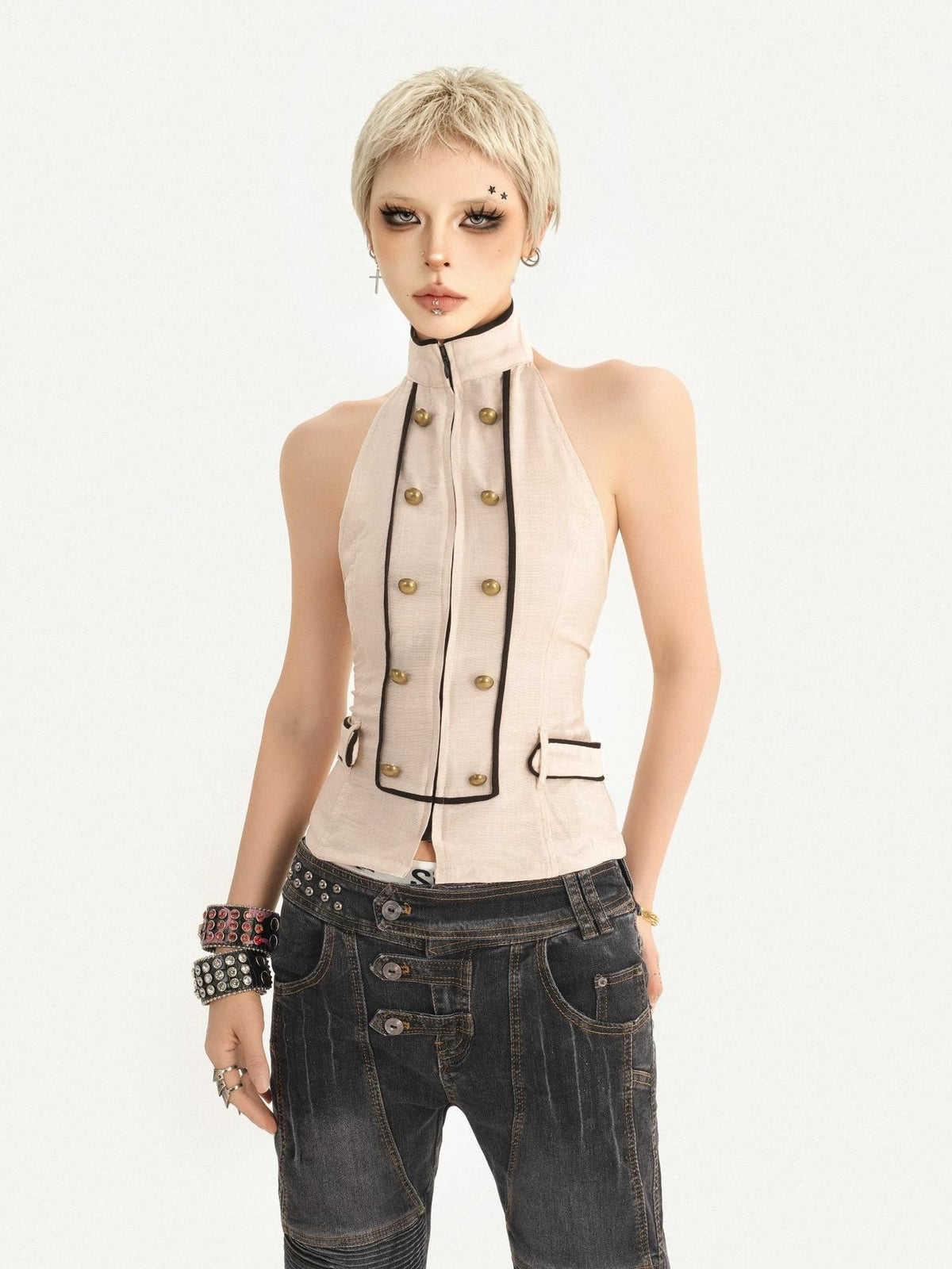 Nico Molly Retro Royal Stand Collar Backless Double Breasted Fitted Women&