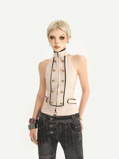 Nico Molly Retro Royal Stand Collar Backless Double Breasted Fitted Women&