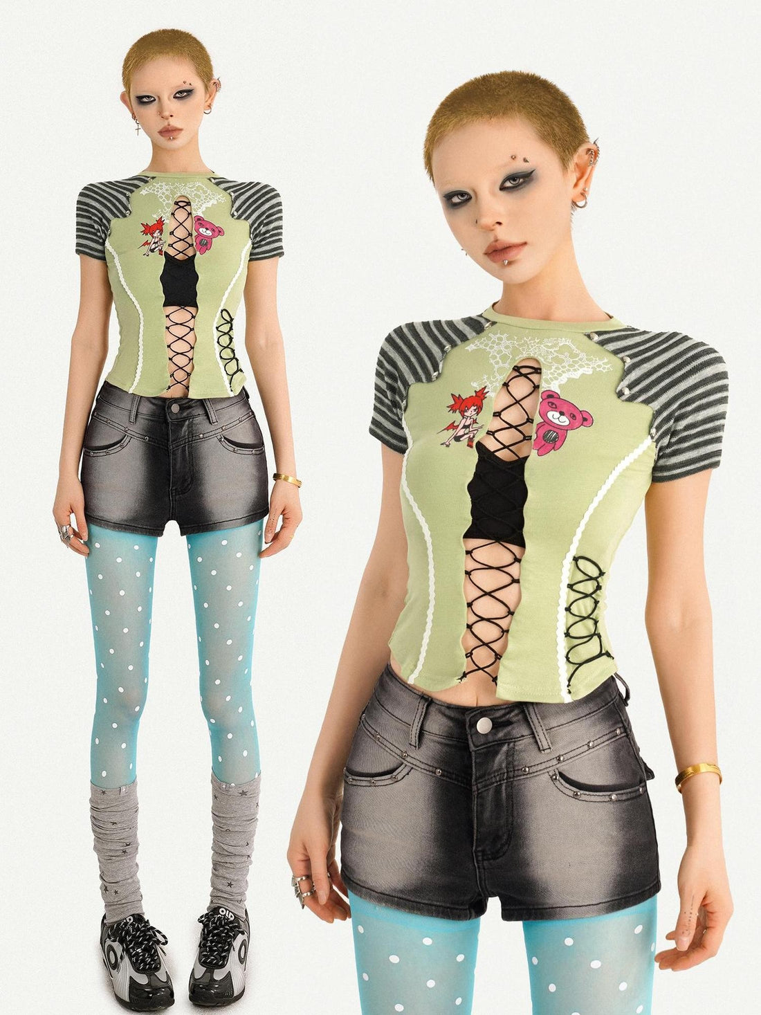 Nico Molly Retro Striped Printed Tie Front Cropped Short Sleeve Women&