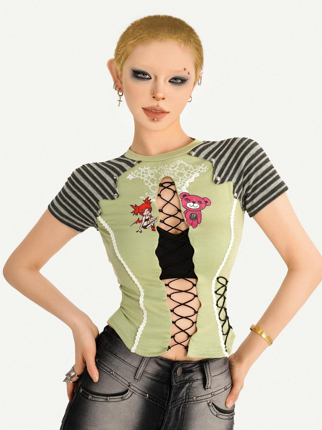 Nico Molly Retro Striped Printed Tie Front Cropped Short Sleeve Women&