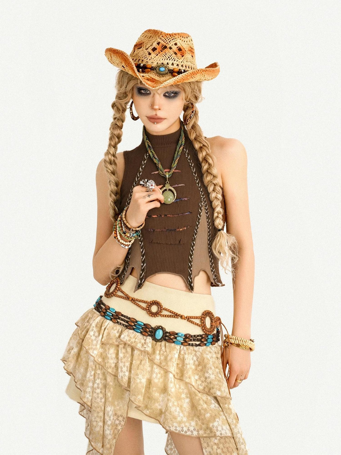 Nico Molly Retro Wasteland Spliced Halter Mock Neck Cropped Women&